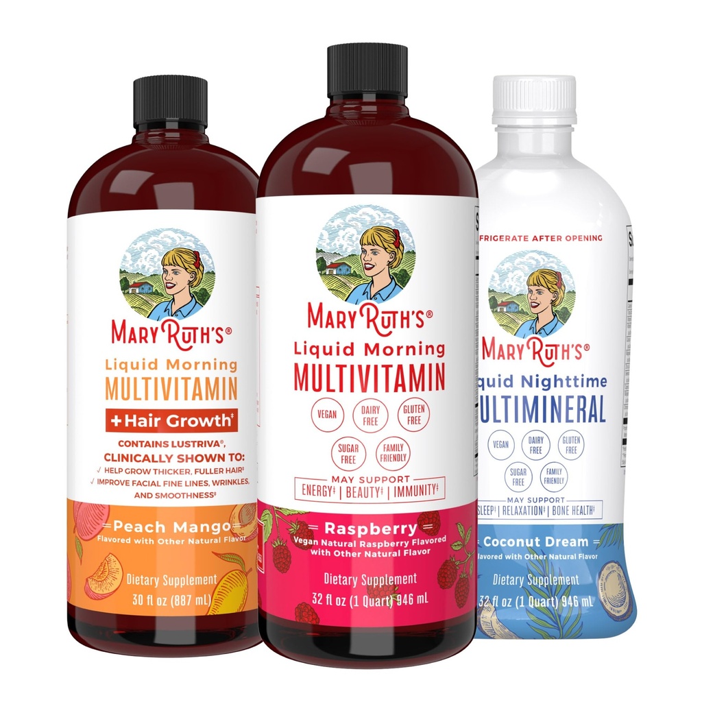 MaryRuth's Liquid Morning Multivitamins: +Hair Growth (Peach Mango), Daily Wellness (Raspberry), και Nighttime Multimineral (Coconut) 