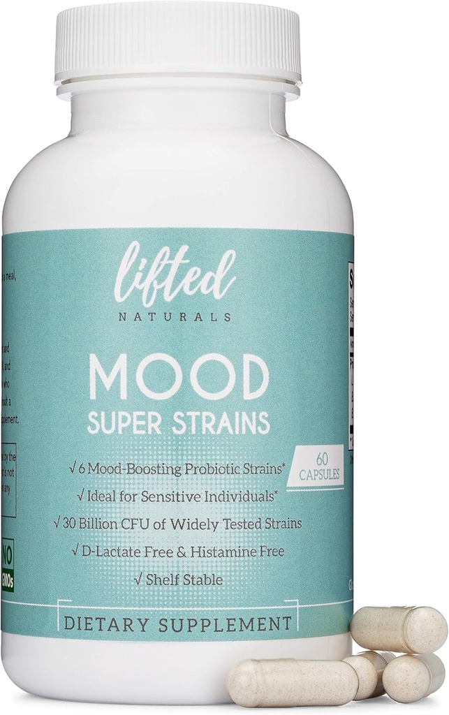 Probiotics - Mood Super Strains Probiotic - Φυσικά υποστηρίζει Digestion & Mood - Histamine-free Probiotics w/L Rhamnosus GG, Ράφι σταθερό Probiotic συμπλήρωμα, 60 ημέρες προσφοράς, μη GMO, Vegan