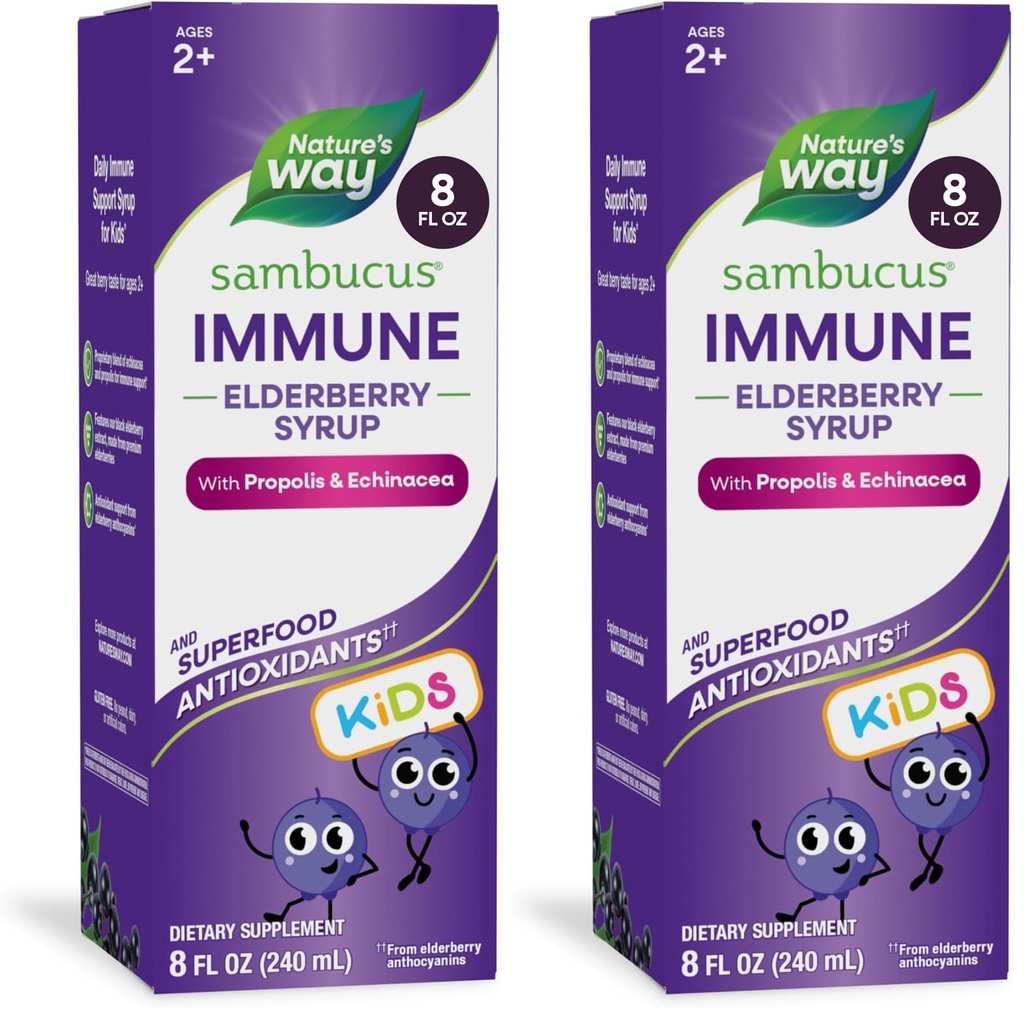 Nature's Way Sambucus Elderberry Immune Syrup for Kids Ages 2+,Echinacea & Propolis,with Superfood Antioxidants(1),Immune Support Syrup*,Vegetarian,Berry Flavored,8 Fl Oz,(Pack of 2)