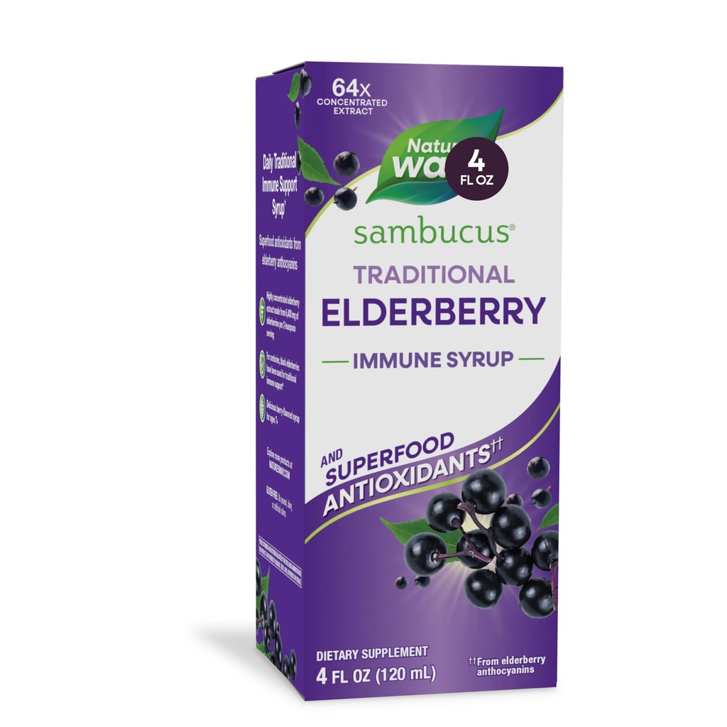 Nature’s Way Sambucus Traditional Elderberry Syrup for Traditional Immune Support* with Highly Concentrated Black Elderberry Extract & Superfood Antioxidants, Adults & Kids 7+, Berry Flavored, 4 Fl Oz