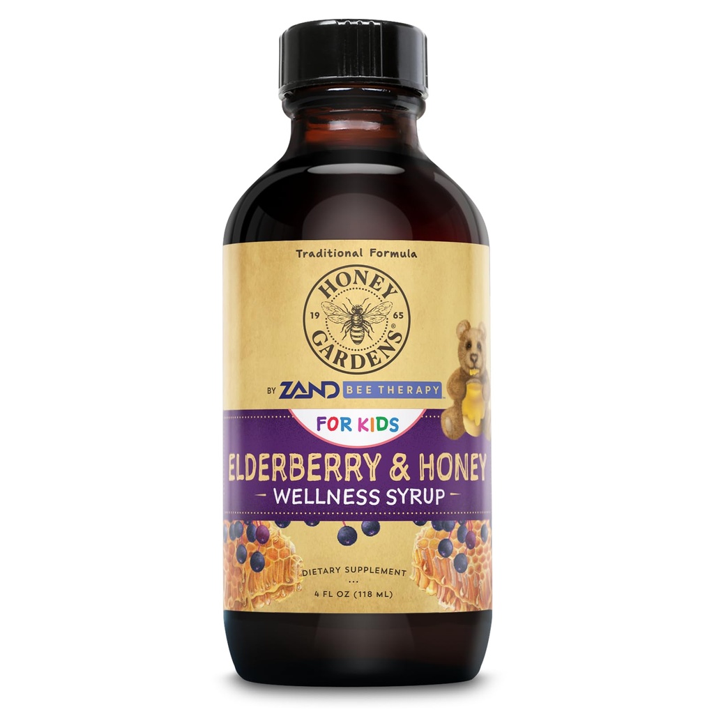 Honey Gardens Elderberry Syrup for Kids with Honey, Kids Elderberry Syrup, 6.4 mg of Elderberry Honey Syrup with Organic Raw Honey, Organic Echinacea Purpurea and Elderflower, 24 Servings, 4 FL. OZ.