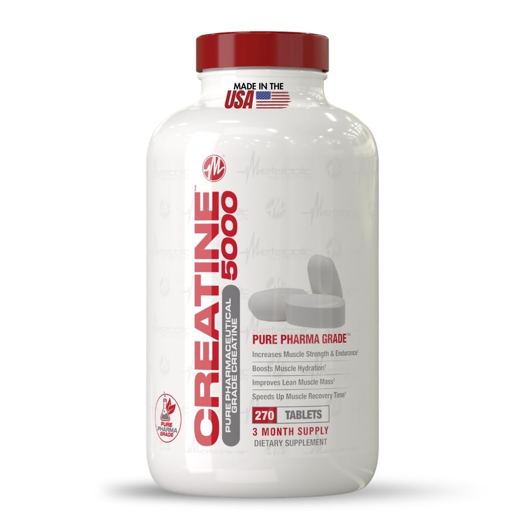 Metabolic Nutrition Creatine Monohydrate Tablets 5000mg - High Potency Creatine Pills for Muscle Growth & Strength – Pre Post Workout Energy Supplement for Women & Men, Non-GMO, Vegan 270 Tablets