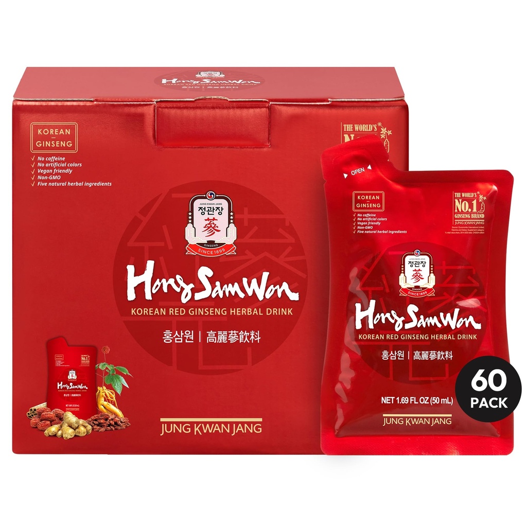 JUNG KWAN JANG US HongSamWon - Korean Red Ginseng Tea, Pre and Post Workout Herbal Energy Drink with Jujube, Cinnamon Ginger & Goji Berry - Caffeine Free, Non-GMO (60 Pouches, 1.69 fl oz)