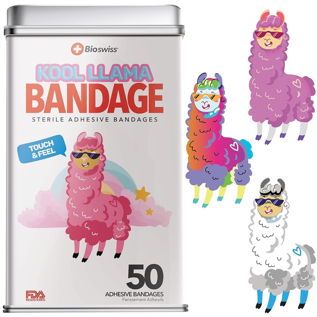 BioSwiss Bandages, Llama Shaped Self Adhesive Bandage Set, Latex Free, Sterile Wound Care, 50 Count