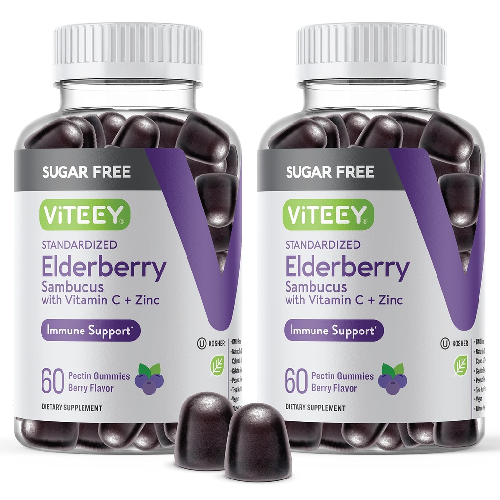 VITEEY Sambucus Elderberry Gummies for Adults & Teens + Zinc & Vitamin C - Sugar Free - Immune Support & Booster Herbal Supplement - Vegan, Gluten Free, Gelatin Free, GMO Free, Chewable Berry Flavored