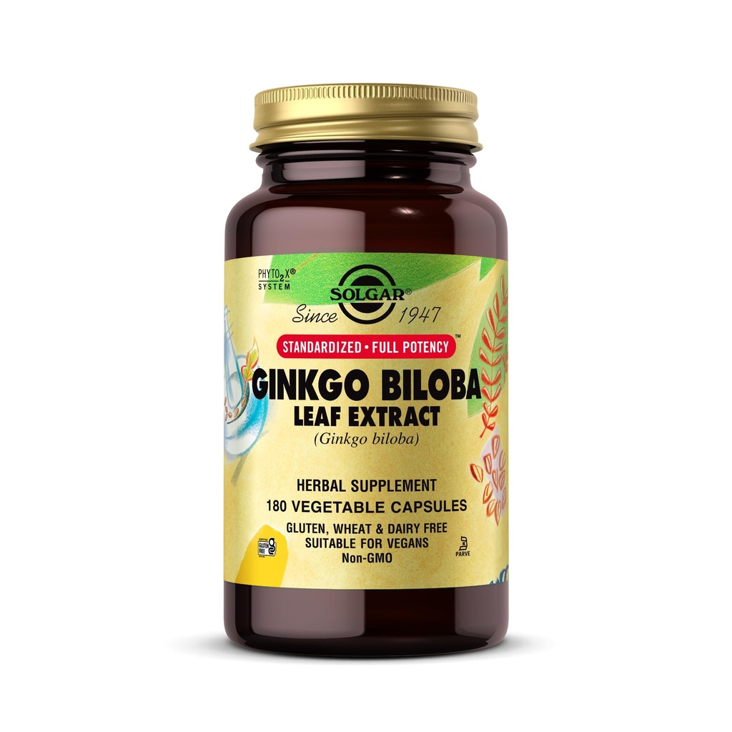 Solgar Ginkgo Biloba Leaf Extract - 180 Vegetable Capsules - Standardized Full Potency (SFP) - Non-GMO, Vegan, Gluten Free, Dairy Free, Kosher - 180 Servings