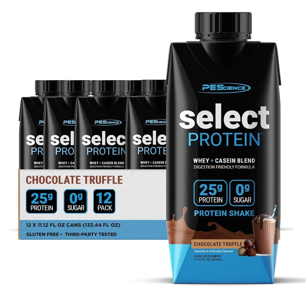 PEScience Select Protein Shake RTD, 25g Whey and Casein Blend, High Protein Drink, Gluten Free, Keto Friendly, 0g Sugar, Low Carb Ready to Drink Meal Replacement, Chocolate Truffle - Pack of 12