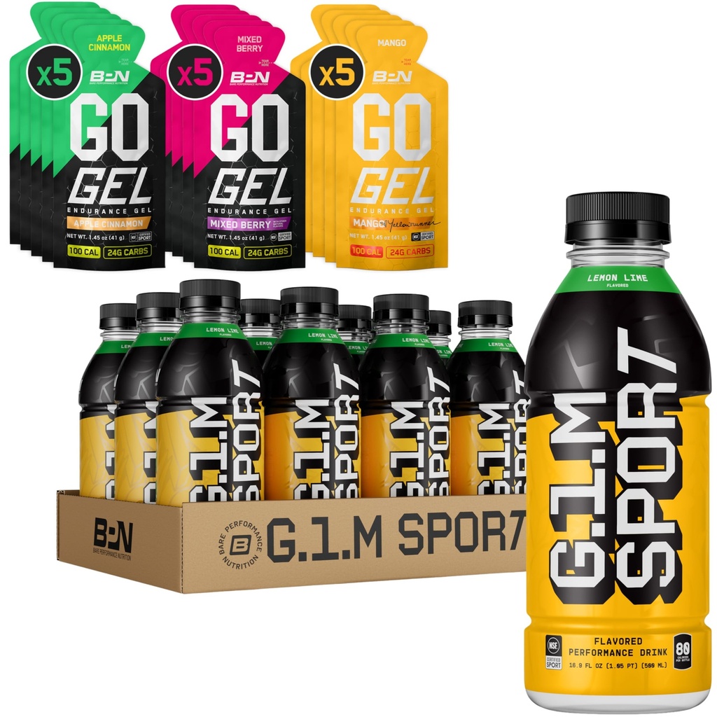 BARE PERFORMANCE NUTRITION BPN Go Gel Endurance Variety Pack – 15 Single-Serving Gels + G.1.M Sport RTD Endurance Fuel Drink – Lemon Lime 12 Pack | Energy Gel + Ready-to-Drink Endurance Fuel Bundle