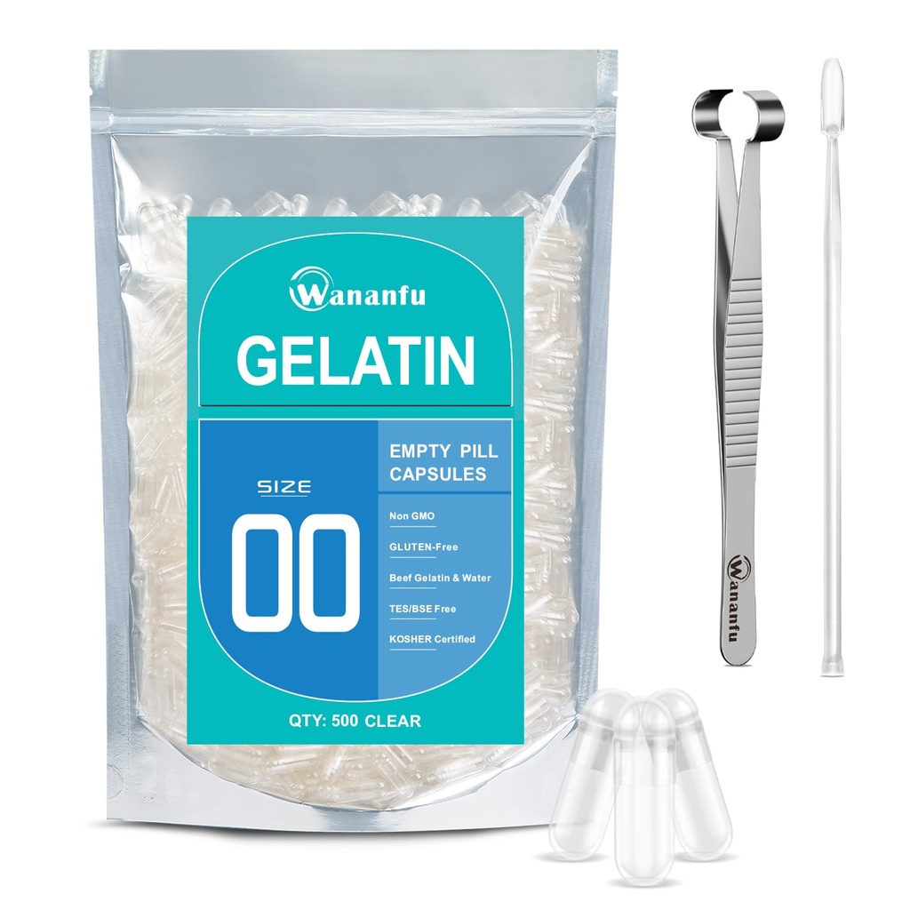 wananfu Size 00 Empty Capsules Gelatin (500 Count) Bundle with Capsule Tweezer and Micro Lab Spoon, Clear Fillable Gel Pill Capsules 00 for Making Your Own Supplements