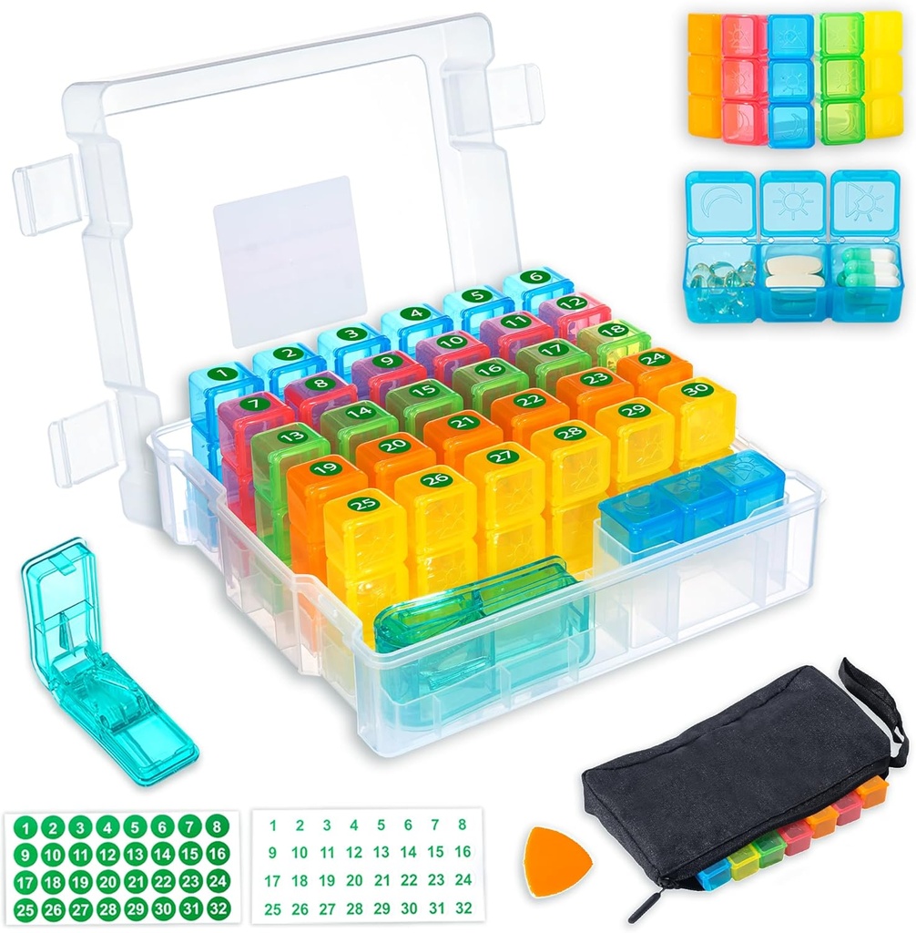 Μηνιαία Pill Organizer 3 φορές την ημέρα με 31-Day Moistureproof Box, Weekly Pill Bag, Pill Cutter, Stickers, Plastic Opening Pick for Easy Use, Convenient Daily Medication Management (White)