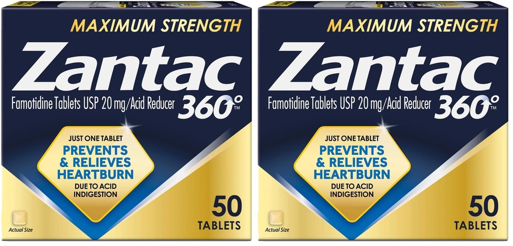 Zantac 360 Maximum Strength Heartburn Prevention and Relief Tablets, 20 mg Famotidine Pills with Targeted Relief to Control Acid Before Heartburn Starts, 50 Count (Pack of 2)