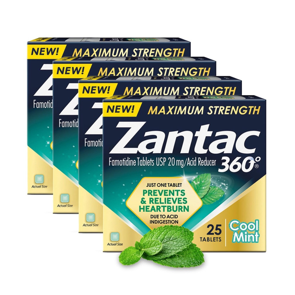 Zantac 360 Maximum Strength, Cool Mint, 25 Count, Heartburn Prevention & Relief, 20mg Tablets(Pack of 4)