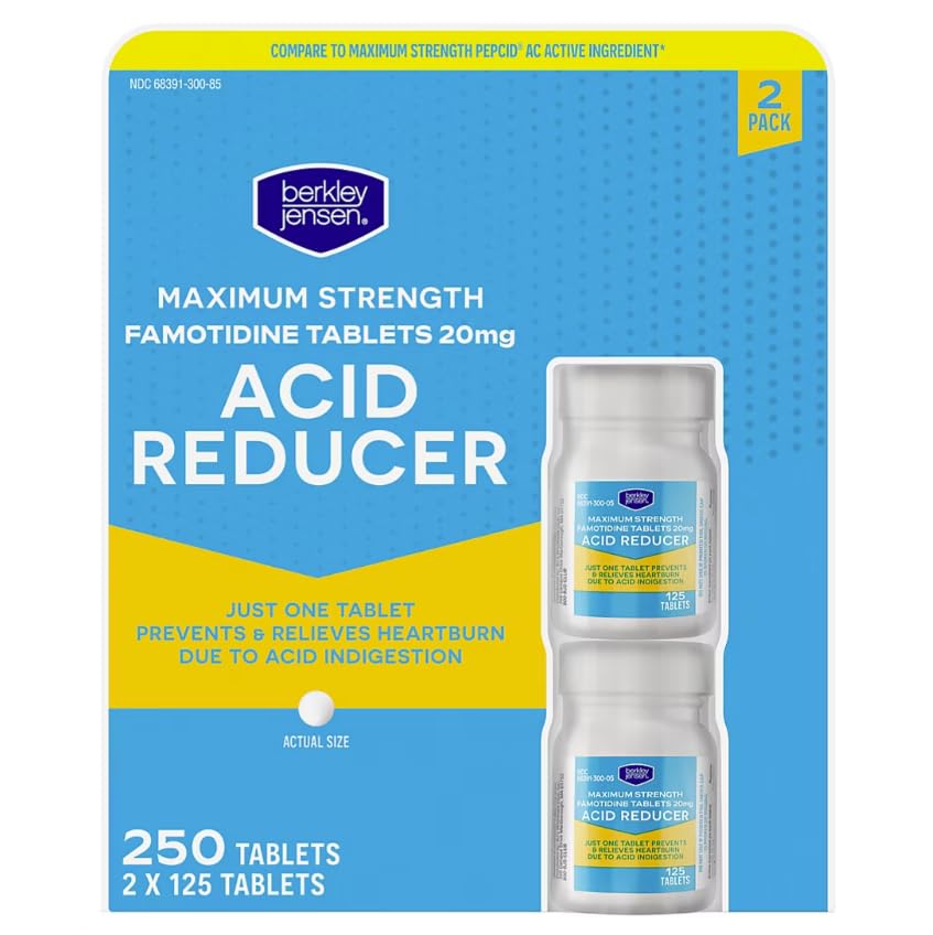 berkley jensen Maximum Strength Famotidine 20 mg, Acid Reducer Tablets, Relieves Meal-Induced Heartburn & Acid Indigestion Symptoms, All-Day Heartburn Prevention & Relief (125 Count (Pack of 2))