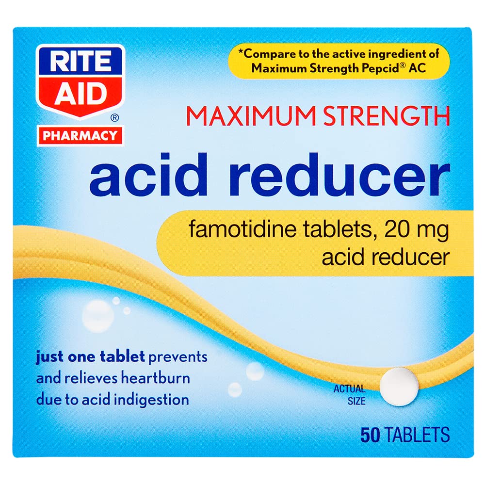 Rite Aid Acid Reducer, Maximum Strength Famotidine Tablets, 20 mg – 50 Tablets - Heartburn Relief - Acid Reflux - Antacid Chews & Tablets