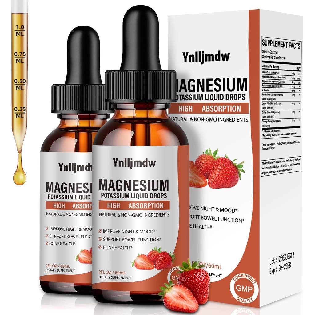 Potassium Magnesium Supplement Drop Liquid 2 Pack,Magnesium glycinate Drop with Potassium High Absorption Drops, L-Theanine,Vitamin B,Leg Cramps & Bone & Energy & Immune Support-2 Fl Oz (Pack of 2)