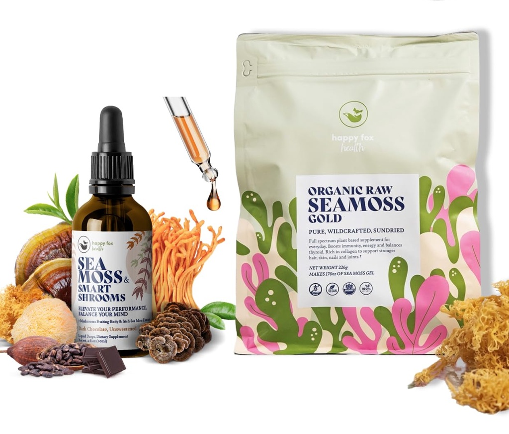 Brain & Body Raw Bundle - Organic Sea Moss for Seamoss Gel (Family Size) & Smart Shrooms Liquid Drops in Chocolate Flavor - Irish Sea Moss & Mushroom Complex, Nootropic Brain Supplements for Memory &