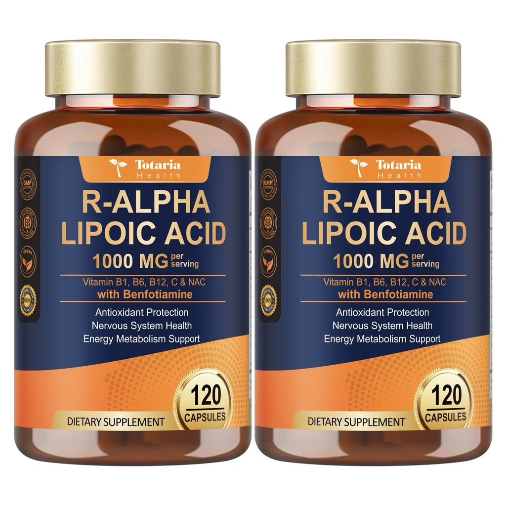(2 Packs) R Alpha Lipoic Acid 1000mg with Benfotiamine - Sodium ALA Supplement for Neuropathy Support Nerve Health & Antioxidant, Cell Energy, Metabolism and Anti-Aging, Non-GMO, Gluten Free, Vegan