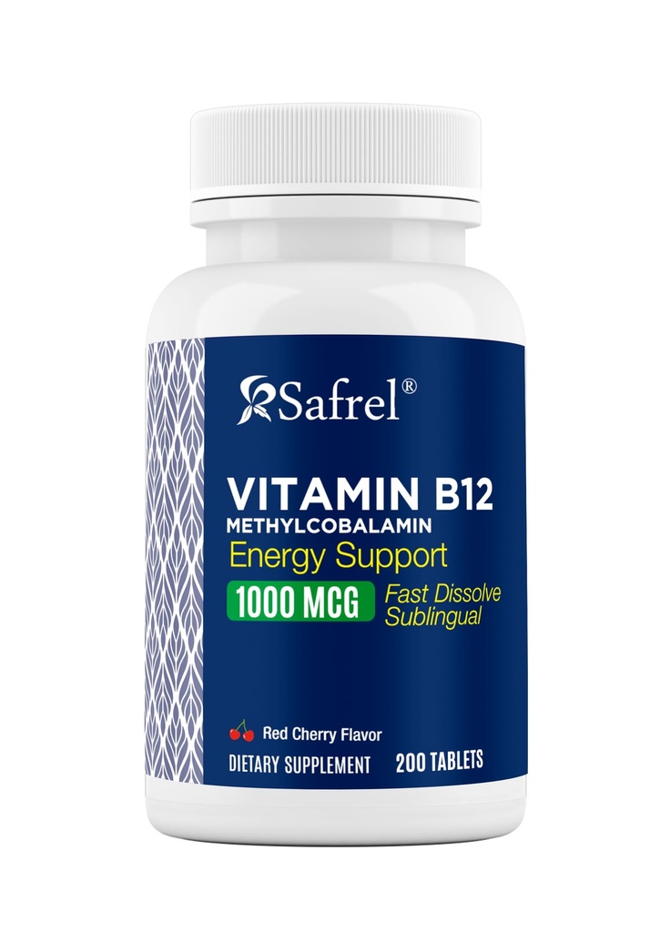 Safrel | Vitamin B12 Methylcobalamin | 1000 mcg | Fast Dissolve Tablets | 200 Count | Energy Metabolism Support | Sublingual, Cherry Flavor, 200 Day Supply