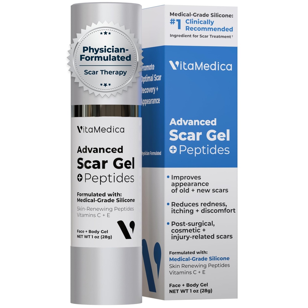 VitaMedica Scar Gel + Peptides - Medical Grade Silicone Scar Gel for Old & New Scars, Acne, Surgical, Burn & Keloid, Helps Reduce Redness & Itching, Face & Body, 1 oz