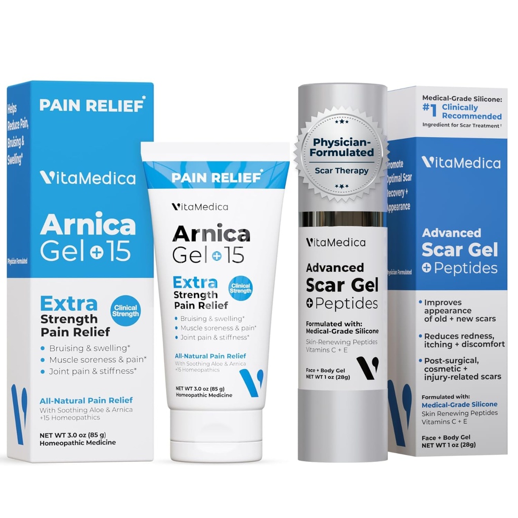 VitaMedica Scar Treatment & Arnica Montana Gel Bundle - Support for Scar Smoothing & Recovery, 1 oz Peptide Gel + 3 oz Arnica Gel