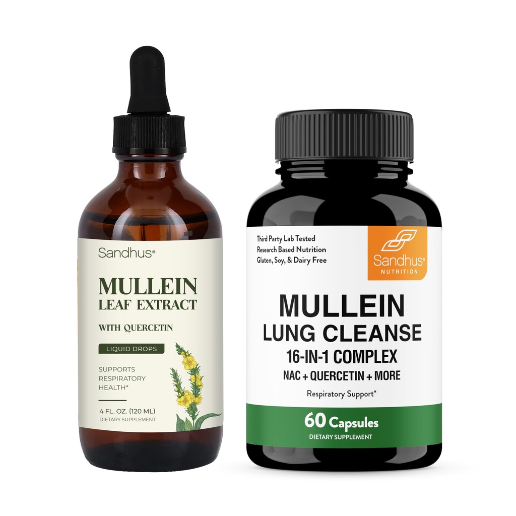 Sandhu's Mullein Drops for Lungs Bundle with Capsules | Comprehensive Mullein Wellness Bundle | with Quercetin for Immune, Lung & Respiratory Support