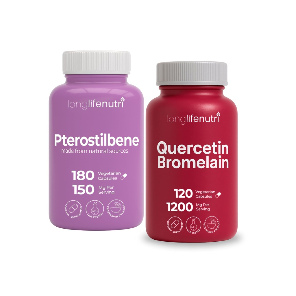 LongLifeNutri Pterostilbene 150 mg (180 Vegan Caps) & Quercetin 1000 mg with Bromelain 200 mg (120 Veg Caps) Bundle – 2–3 Month Supply, Antioxidant & Respiratory Support, Non-GMO, GMP, Made in USA