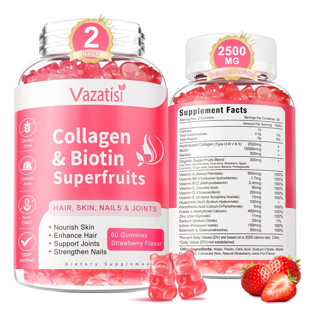 2 Pack Sugar Free Collagen Gummies for Women Men, Multi Collagen Peptides Gummies Type I II III V X with Biotin Vitamin A B C D E for Hair Skin Nails, Strawberry Flavor, 120 Count