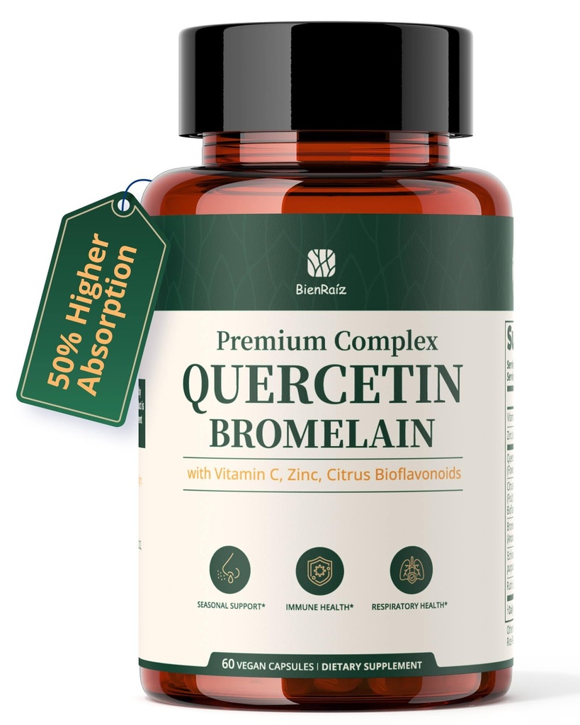 BienRaiz Quercetin 600mg with Bromelain, Vitamin C & Zinc - 7 in 1 Immune Support Supplement for Respiratory Health & Seasonal Wellness - Antioxidant, Non-GMO, Gluten Free, Vegan, 60 Capsules