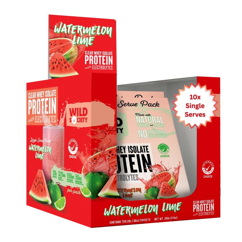 WILD SOCIETY - Clear Protein Powder + Electrolytes - 20g Clear Whey Protein Isolate Drink - Zero Sugar - 0g Lactose - Natural Ingredients - Travel Pack - 10x Singe Serves - Watermelon Lime