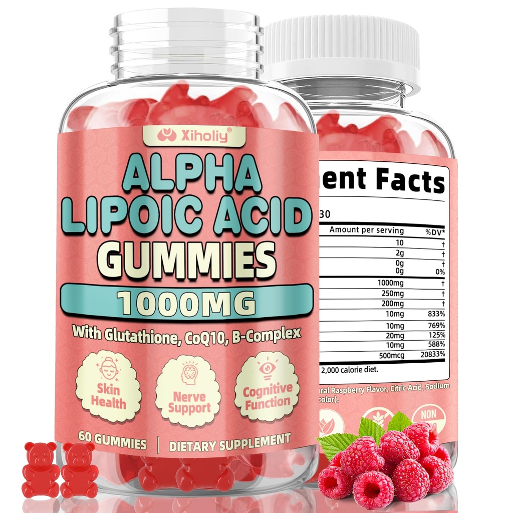 Alpha Lipoic Acid Gummies 1000 MG, High Potency Chewable ALA Supplement with Glutathione, CoQ10, Vitamin B Complex for Antioxidant, Cognitive, Nerve* Support, Sugar-Free, Raspberry Flavor, 60 Counts