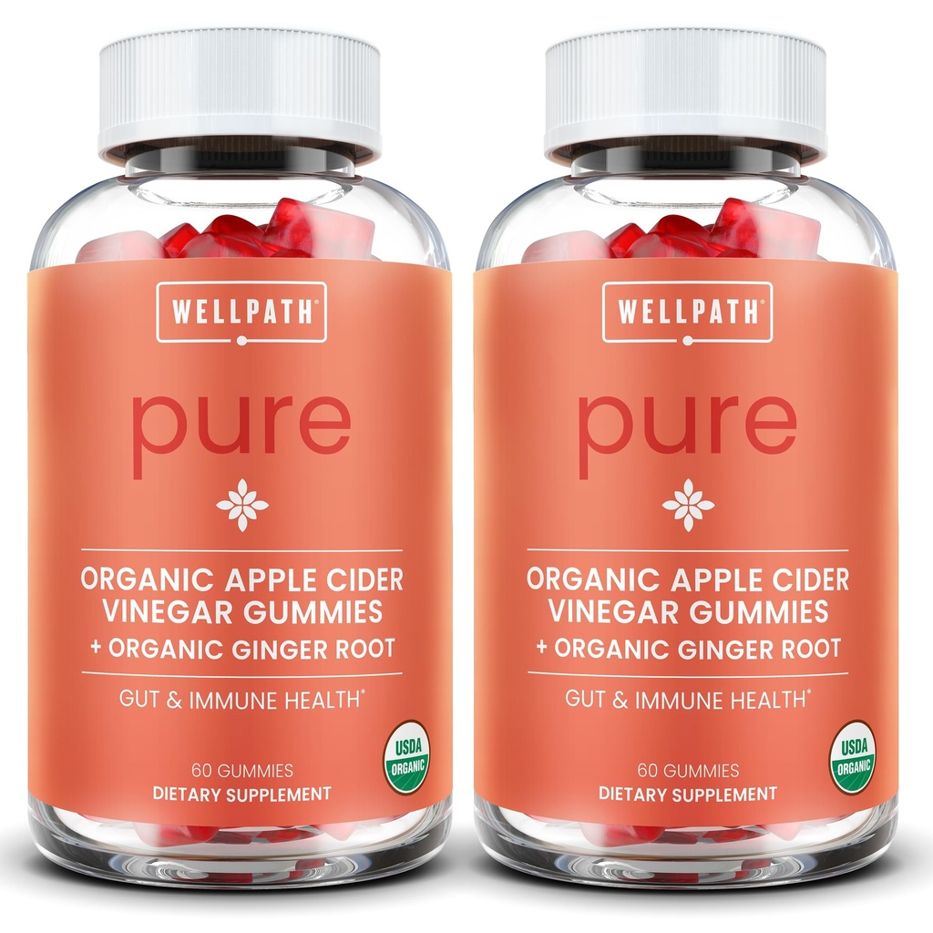 WellPath Pure ACV Gummies (2 Pack) - Ξίδι μηλίτη μήλου με μητέρα - USDA Organic Gummy με Ginger για την υγεία των ούλων 