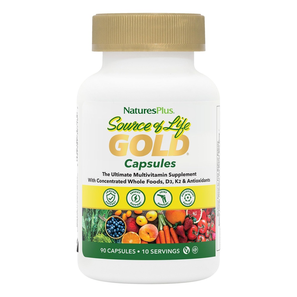 NaturesPlus Πηγή Ζωής Χρυσή Πολυβιταμίνη - 90 Καψάκια Χορτοφαγικής - με Βιταμίνες D3, B12, K2 & Περισσότερα από 120 Ολόκληρα Τρόφιμα - Αίμα, Οστά & Ανοσοποιητική Υποστήριξη - Χωρίς Γλουτένη - 10 Σερβιέτες