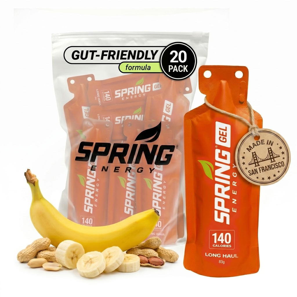Spring Energy Wholesome Gi Freindly Running Gel, Perfect Fuel for Cyclists, Triathletes (20 Pack) | Peanut Butter Banana | Natural Proteins + Sustained Carbs | 140 kcal