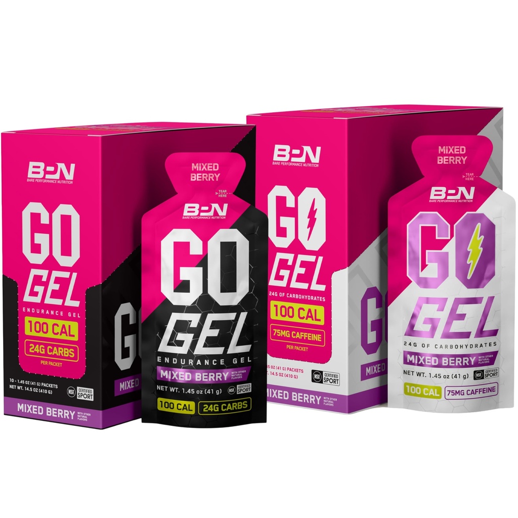 BARE PERFORMANCE NUTRITION BPN Go Gel Endurance – Mixed Berry 10 Single-Serving Packs + Mixed Berry Caffeinated 10 Single-Serving Packs (20 Gels Total) | 24g Carbs + 100 Calories, Vegan + Gluten Free