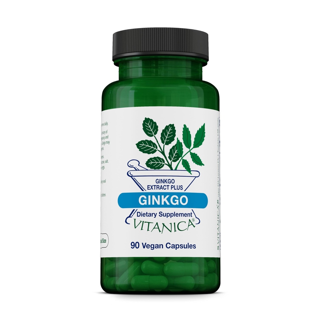 Vitanica Ginkgo - Brain Health Herbal Supplement with Standardized & Whole Ginkgo Leaf - Supports Healthy Blood Circulation - Cardiovascular Support with Bioflavonoids - Vegan - 90 Capsules