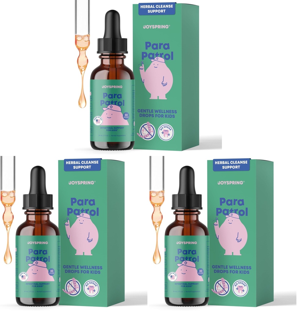 JoySpring ParaPatrol Kids’ Herbal Blend – Alcohol-Free Liquid Supplement with Black Walnut and Wormwood Extract | Supports Digestive Health | Natural Raspberry Flavor – 30 Servings (Pack of 3)