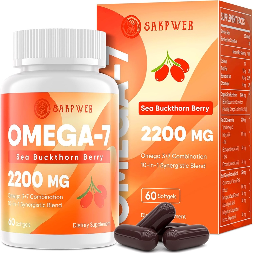 Omega-7 Sea Buckthorn Oil - με Omega-3 EPA/DHA Fish Oil, Cinnamomum, Fenugreek, ALA, Πράσινο Τσάι, Καγιέν Πιπέρι, Κουρκουμάς, Resveratrol, Μαύρο Πιπέρι - Χωρίς γλουτένη, 60 Softgels