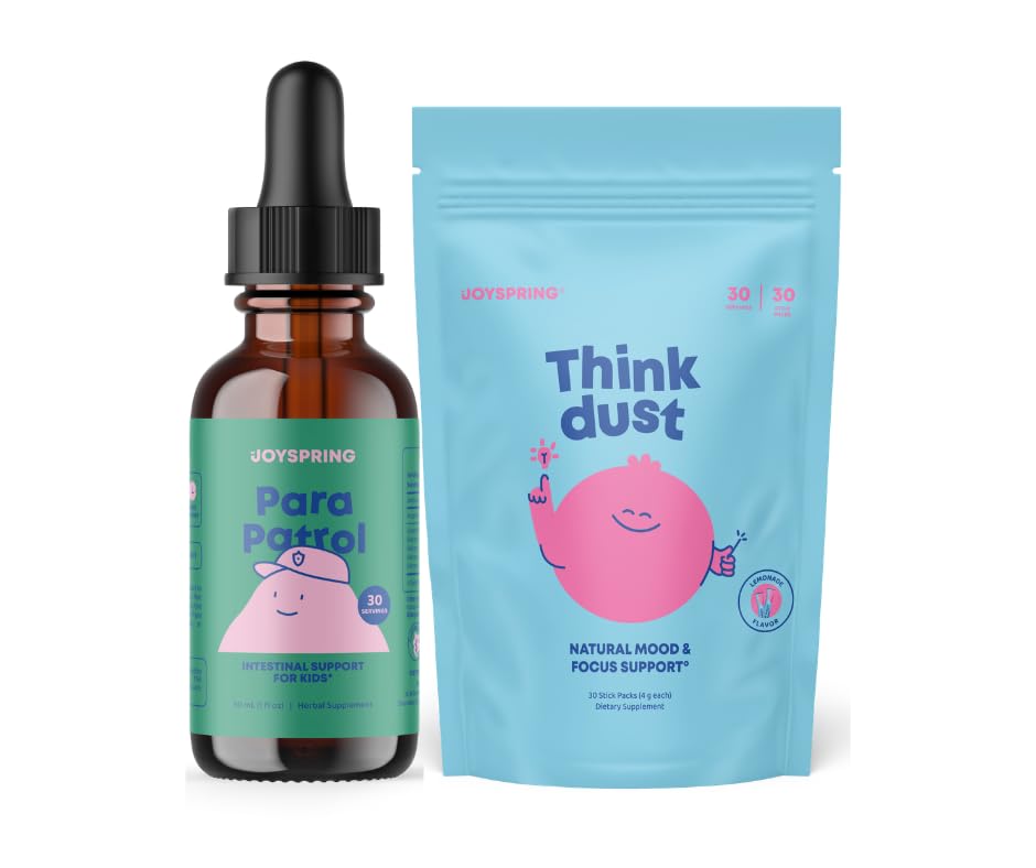 JoySpring Kids Digestive & Calm Bundle | ParaPatrol Herbal Cleanse Liquid (Black Walnut & Wormwood) + Think Dust Magnesium Saffron Stick Packs | Sugar Free, Vegan, Daily Gut & Focus Support for Kids A