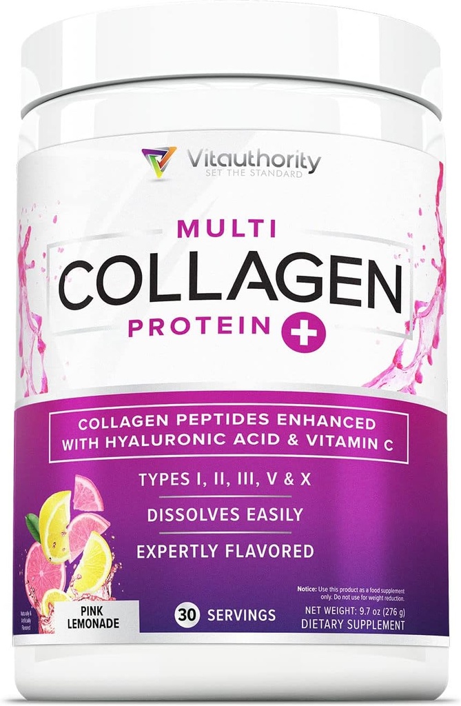 Multi Collagen Peptides σε σκόνη για γυναίκες - Hydrolyzed Flavored Collagen σε σκόνη για γυναίκες με τύπους I II III V & X Βιταμίνη C & Υαλουρονικό οξύ για δέρμα μαλλιών και νύχια (Pink Lemonade) - 30 Σερβιέτες