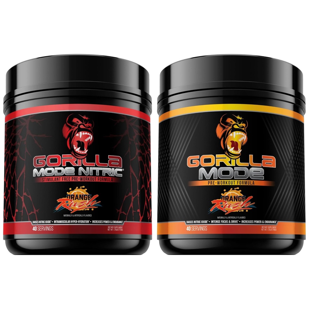 Gorilla Mode Pre Workout & Gorilla Mode Nitric Upgraded Stimulant - Best Tasting & Most Effective Stimulant Free Pre-Workout | Massive Pump | Laser Focus Energy Power (Orange Rush)