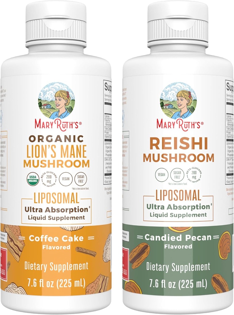 MaryRuth Organics Lion's Mane Liposomal (Coffee Cake) & Reishi Mushroom (Candid Pecan) 