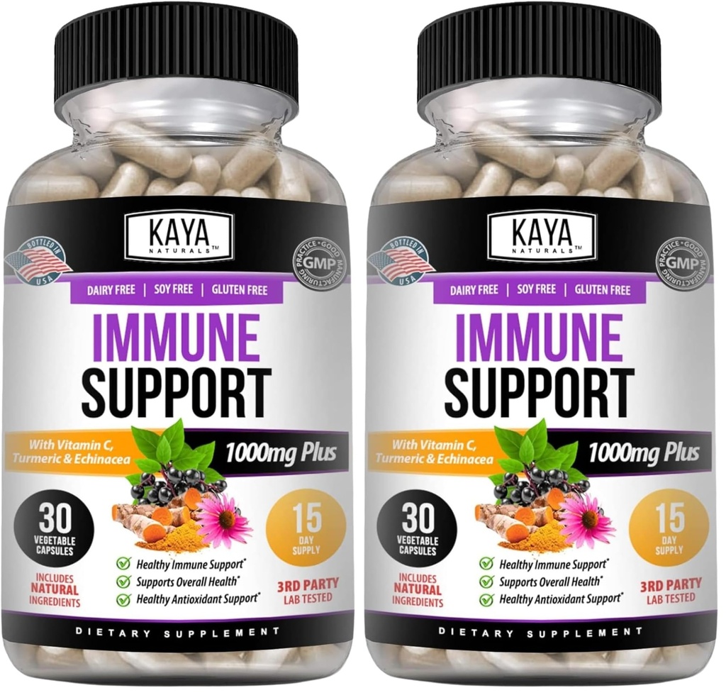 Kaya Naturals Elderberry Immune Support | Vitamins with Zinc and Vitamin C for Adults, Probiotics & Turmeric 1000mg Immune System Booster Sambucus Capsules - 30 Count (Pack of 2)