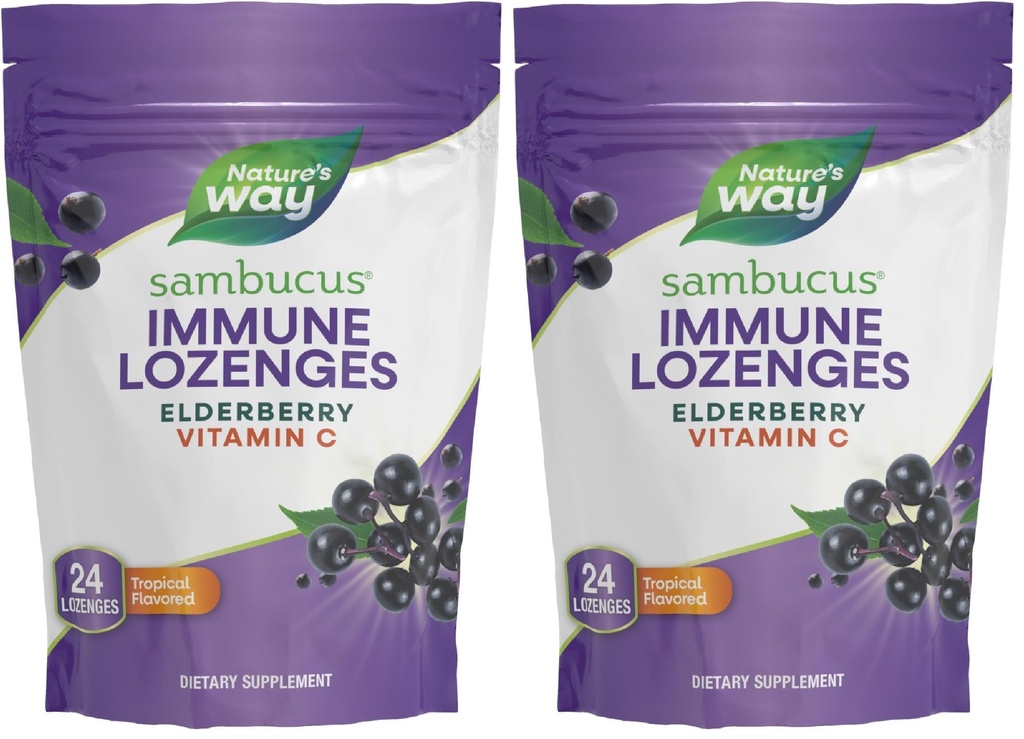Nature's Way Sambucus Elderberry Lozenges, 1000 mg Vitamin C Per Serving, Tropical Flavor, 24 Count (Pack of 2)