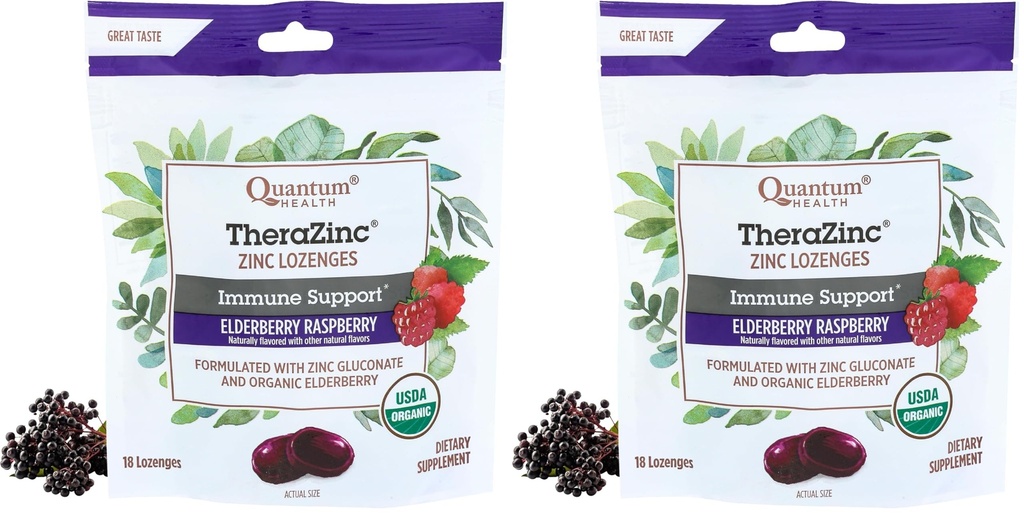 Quantum Health TheraZinc Organic Zinc Lozenges, Elderberry Sambucus Raspberry & Honey, Immune Support for Adults & Kids 12+, Fast Relief, No Aftertaste, 18 Count (Package May Vary) (Pack of 2)