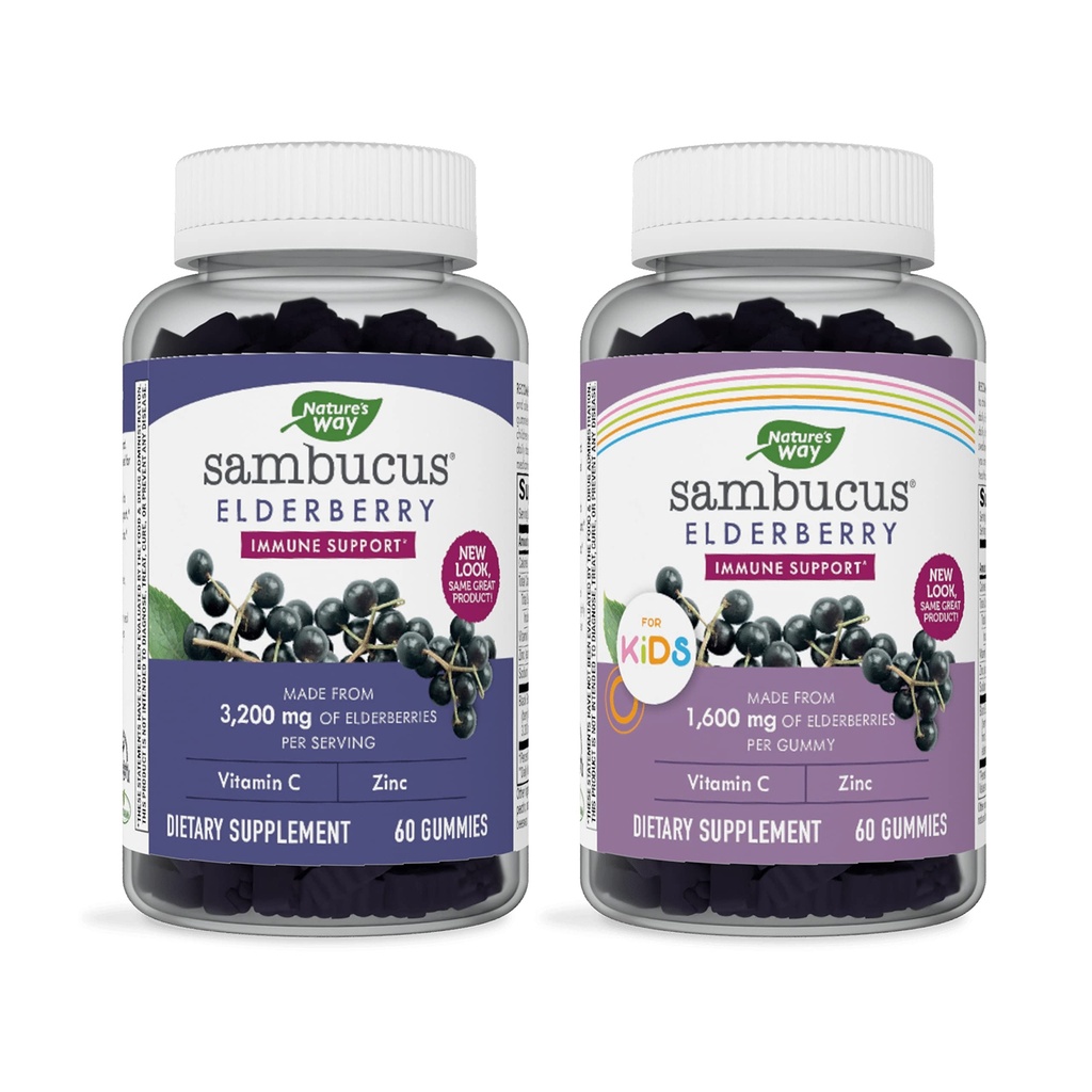 Nature’s Way Sambucus Elderberry Gummies and Sambucus Elderberry Gummies for Kids, Immune Support Gummies, Delicious Berry Flavor, 60 Gummies Per Bottle