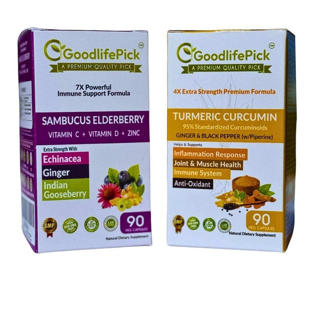 7 Ingredients Elderberry Blend & 4X Turmeric Curcumin Blend. Elderberry with ZINC Echinacea Vitamin C & D Turmeric with Ginger 95% Curcuminoids & Black Pepper 90+90 Capsules.All Natural Non-GMO