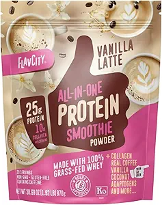 FlavCity Grass Fed Whey Protein Powder - Vanilla Latte - 25g Protein, 10g Collagen & 60mg of Caffeine - Made with Real Vanilla Bean & Organic Coconut - Gluten Free & No Added Sugars (20 Servings)