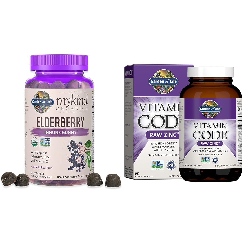 Garden of Life Organics Elderberry Gummies for Adults & Kids & Zinc Supplements 30mg High Potency Raw Zinc and Vitamin C Multimineral Supplement