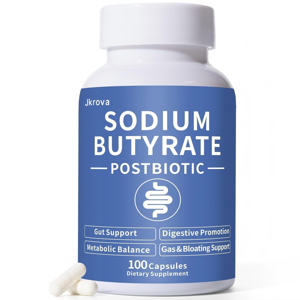 Sodium Butyrate, Butyrate Gut Health Supplement, Postbiotic for Gut, Stomach & Digestive, Support IBS, Leaky Gut, Gas & Bloat, Low Odor, 100 Vegan Capsules