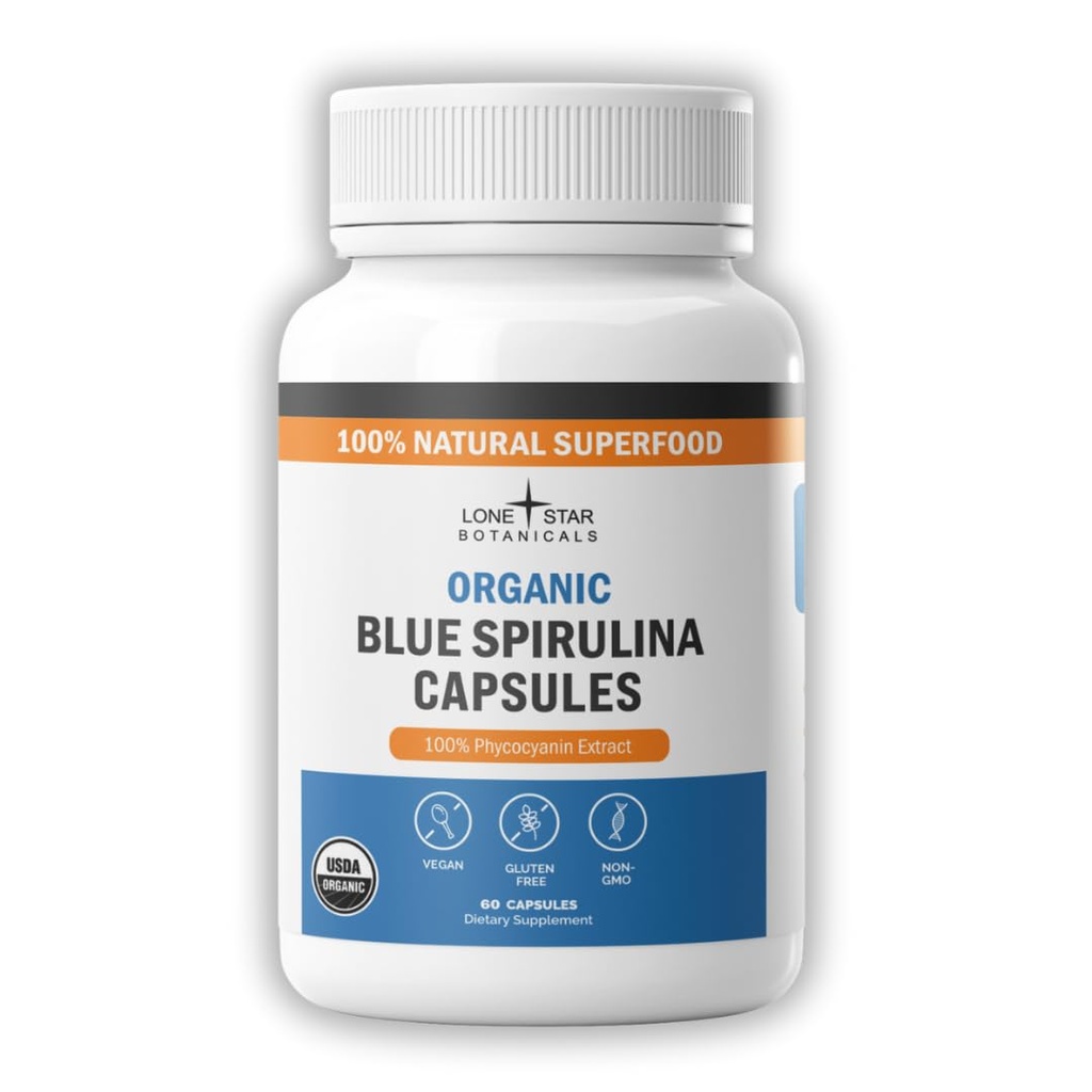 Lone Star Botanicals Organic Spirulina Capsules – 100% Pure Blue-Green Algae, No Fishy Smell, Superfood Supplement, Vegan, Non-GMO, Gluten-Free (Blue (60 Count))